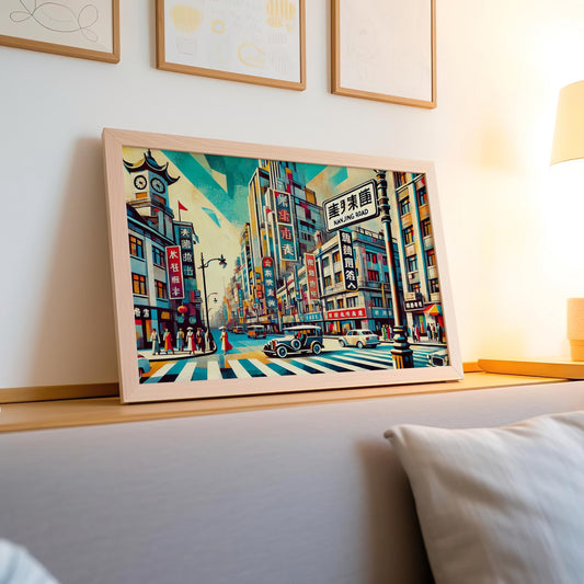 Nanjing Road Wall Art Print, Shanghai Travel Poster, China Souvenir Gift, Modern Housewarming Decor, Asian Cityscape Illustration