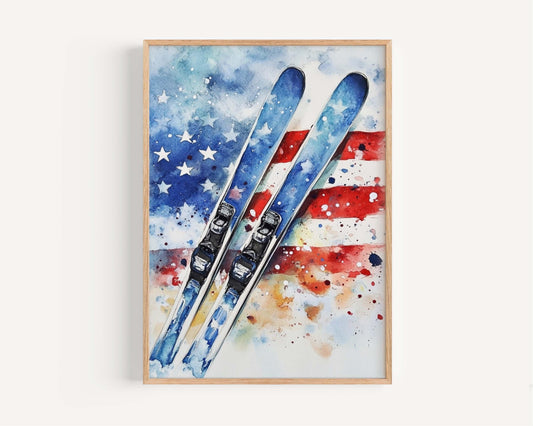 Skiing Artwork USA Wall Art Patriotic American Independence Poster Winter Home Decor United States
