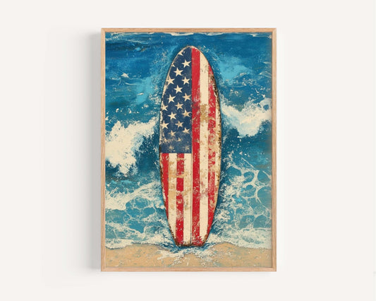 Surfing Artwork USA Wall Art Patriotic Beach House Decor Summer Poster United States Coastal Home Decoration