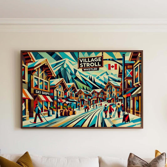 Village Stroll Print - Whistler Art Travel Poster, Canada Wall Art, Housewarming Gift, Scenic Village Walk Illustration, Travel Print Decor