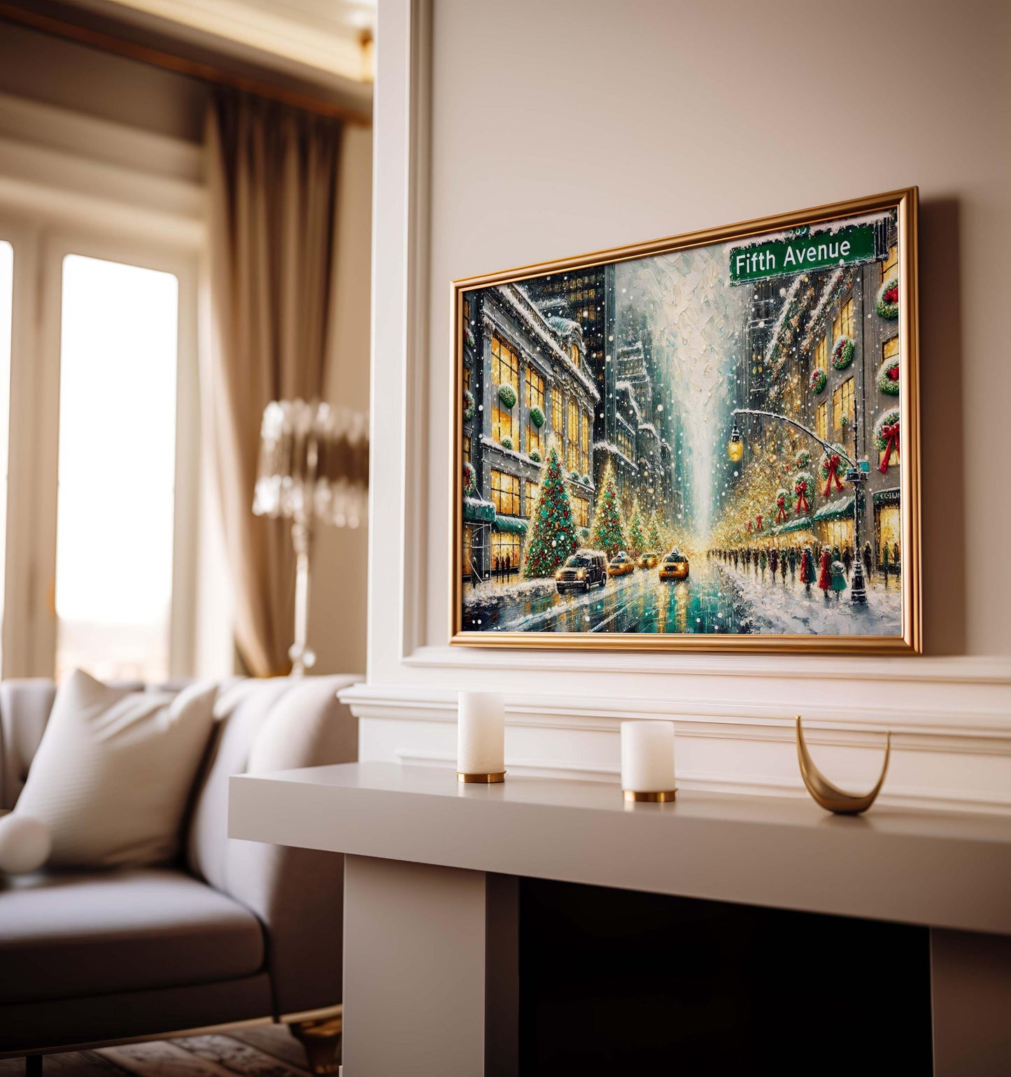 Fifth Avenue Christmas Art Print – NYC Holiday Scene, Winter City Street Decor
