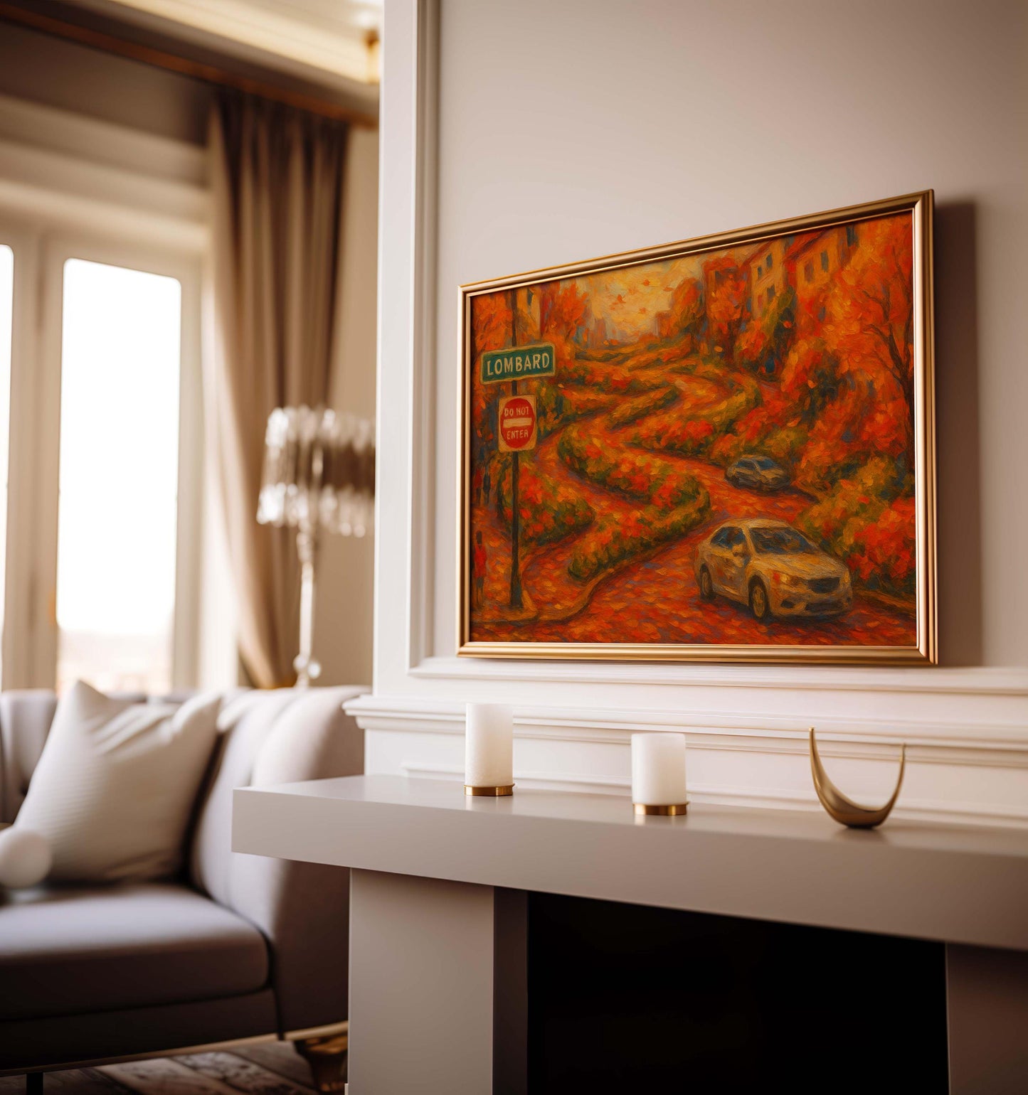Lombard Street Fall Print – San Francisco Curvy Street Art, Autumn Cityscape Wall Decor