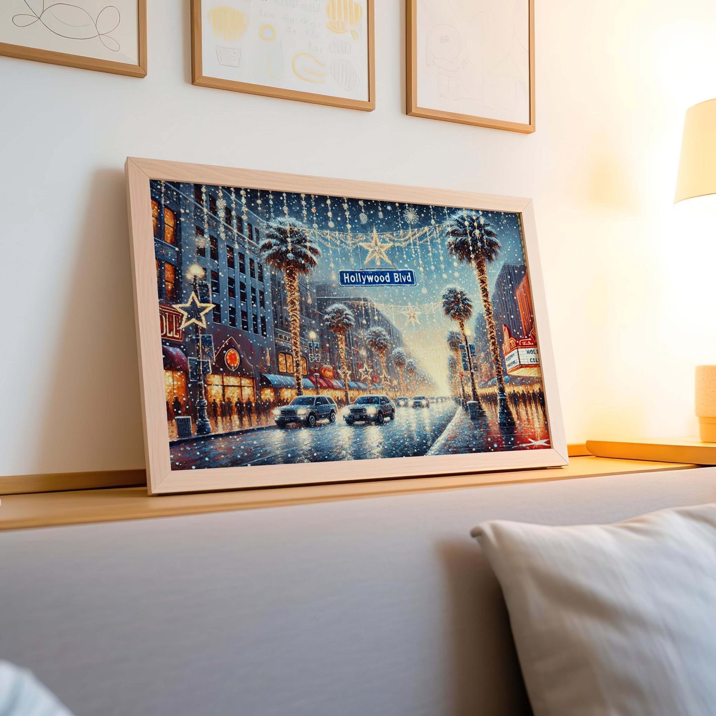 Hollywood Boulevard Christmas Art Print – LA Holiday Wall Decor, Winter Palm Street Scene