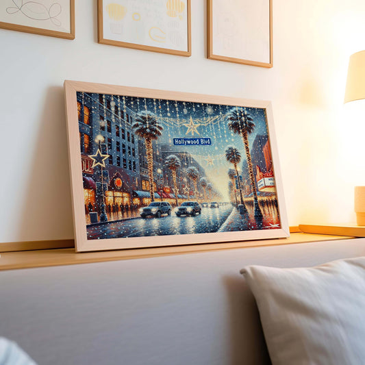 Hollywood Boulevard Christmas Art Print – LA Holiday Wall Decor, Winter Palm Street Scene