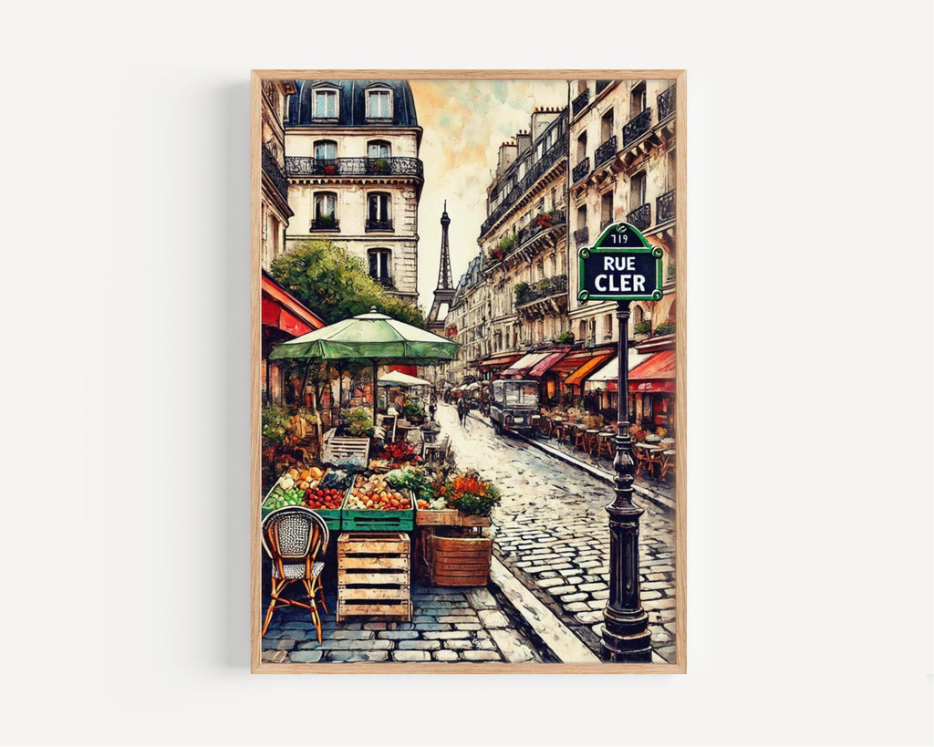 Paris Rue Cler Wall Art Print - French Travel Poster, Parisian Street Scene,