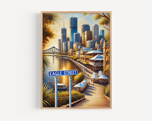 Eagle Street Wall Art Brisbane Print Australia Cityscape Travel Poster Home Decor Gift Souvenir, Framed or Unframed, Fine Art Ink on Paper