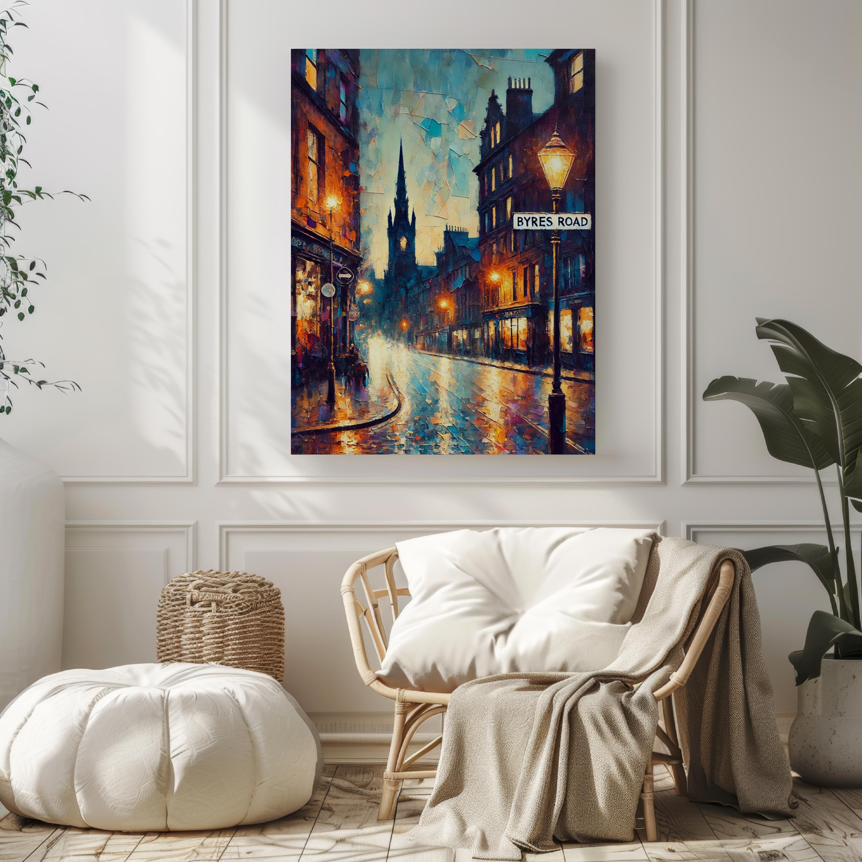 Byres Road Oil Painting Art Print: Glasgow Scotland Street Sign Travel Poster