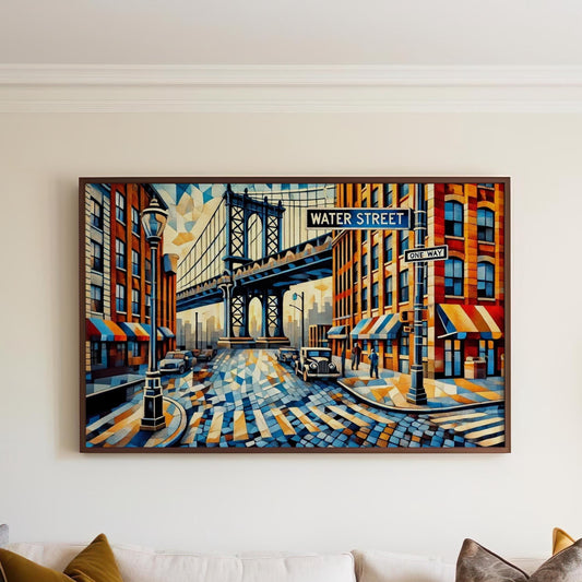 Water Street Cubism Print – New York City Travel Poster, Modern NYC Wall Art, Unique Gift for Housewarming & City Lovers