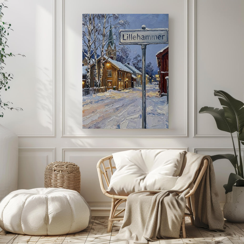 Lillehammer Oil Painting Art Print: Norway Winter Street Sign Travel Poster