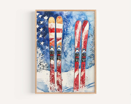 Skiing Artwork USA Poster | Patriotic Wall Art for Home Decor | American Independence Winter Wall Decor United States Print