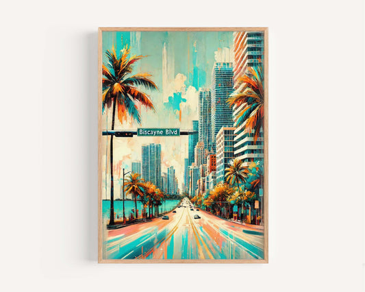 Biscayne Boulevard Wall Art Miami Print Florida Travel Poster Biscayne Blvd Art Housewarming Gift FL Decor