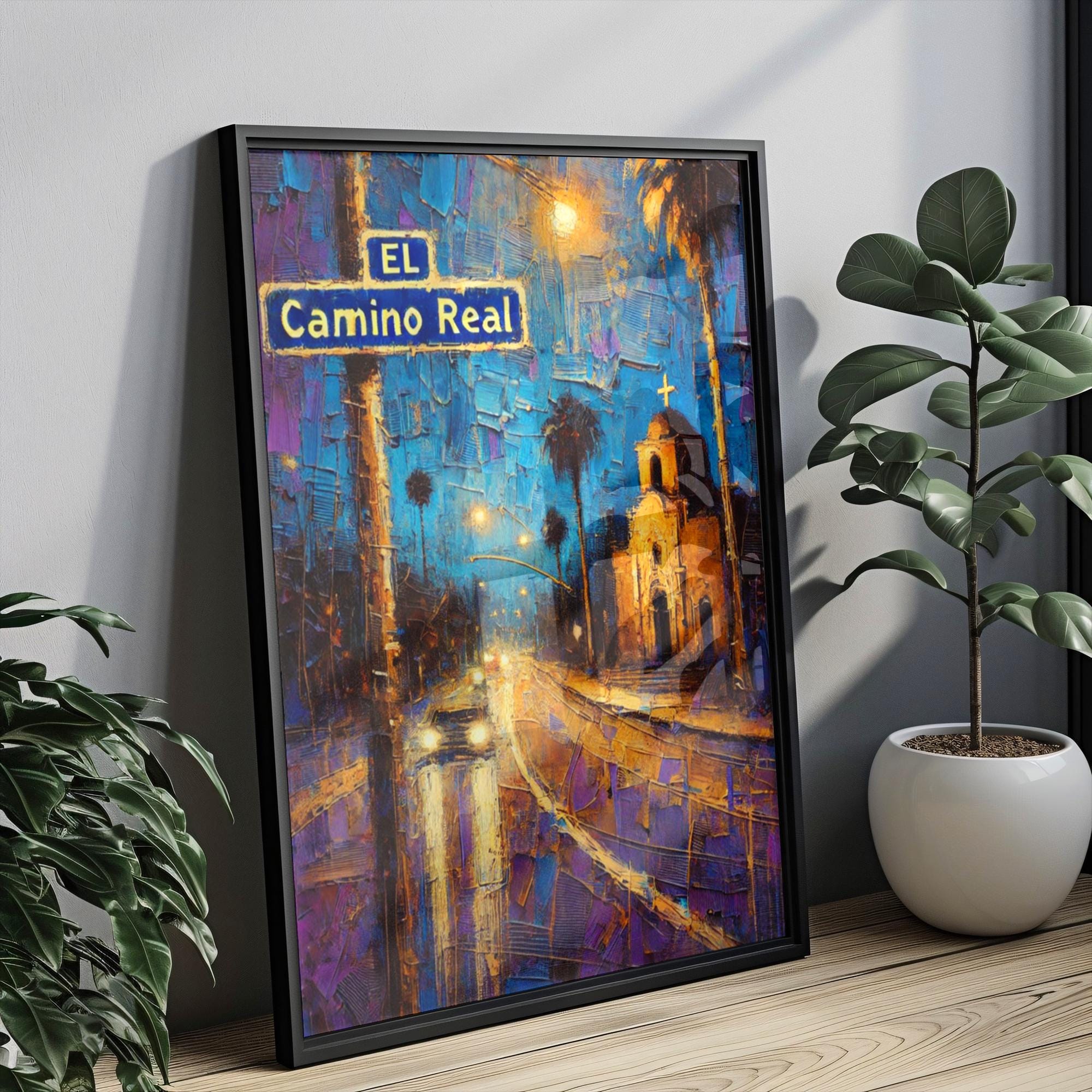 El Camino Real Oil Painting Art Print: California Historic Street Sign Travel Poster