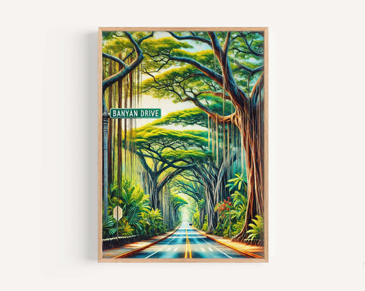Banyan Drive Print - Hilo Hawaii Wall Art, Big Island Travel Poster, Tropical Home Decor, Housewarming Gift, Hawaii Beach Landscape
