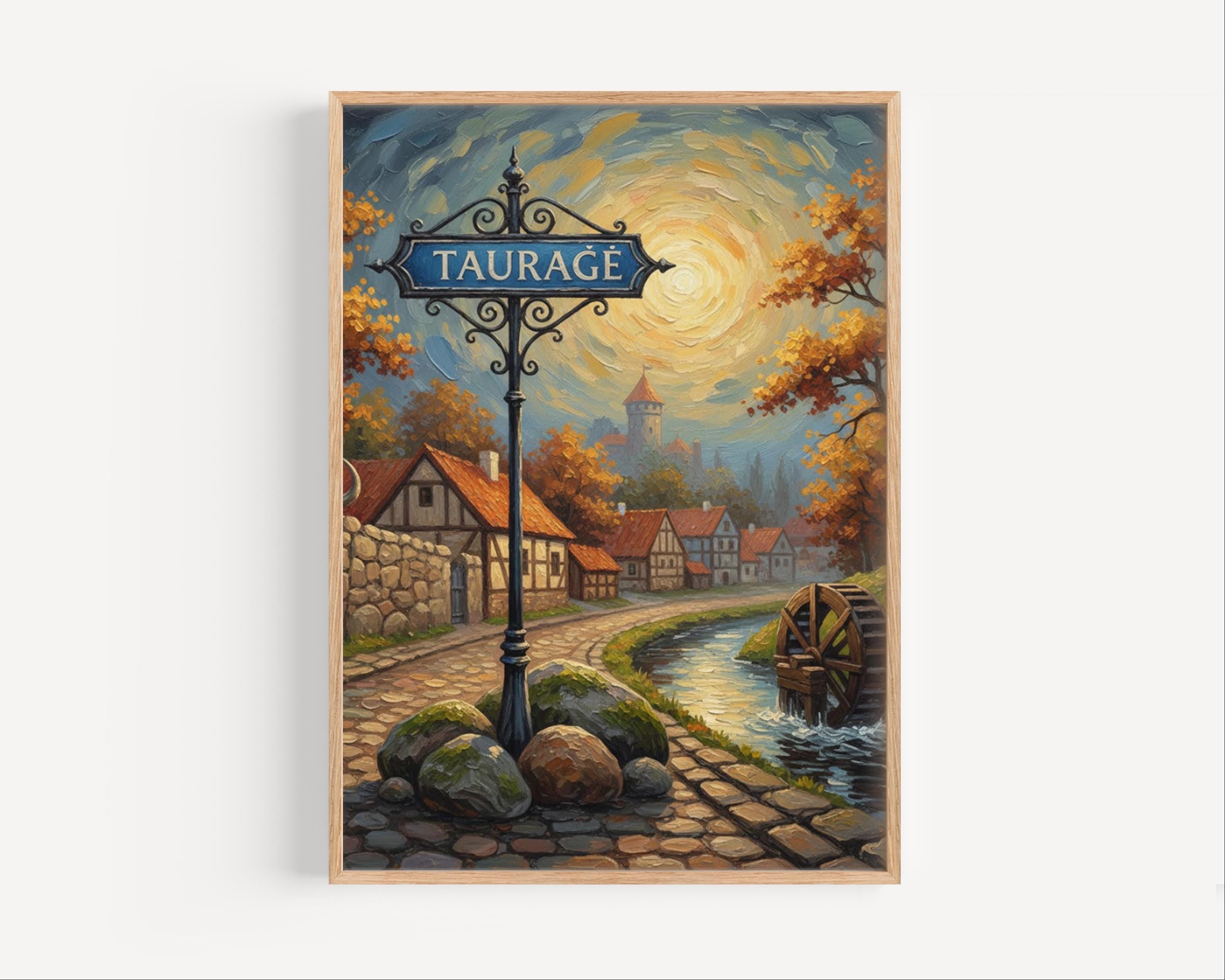 Tauragė Street Sign Art Print: Lithuania Riverside Town Travel Poster