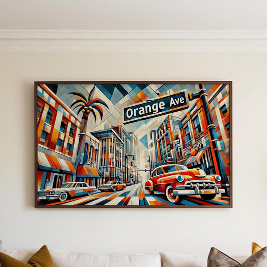 Orlando Art Orange Ave Wall Art - Cubism Print, Florida Travel Poster, Housewarming Gift, Modern Orange Decor