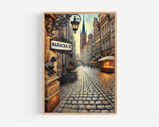 Mariacka Street Wall Art Print - Poland Travel Poster, European Cityscape Illustration, Housewarming & Polish Gift Decor