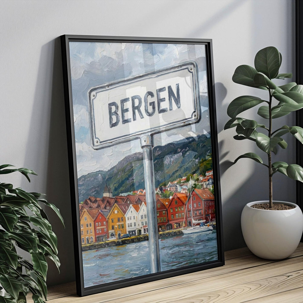 Bergen Oil Painting Art Print: Norway Fjord Street Sign Travel Poster