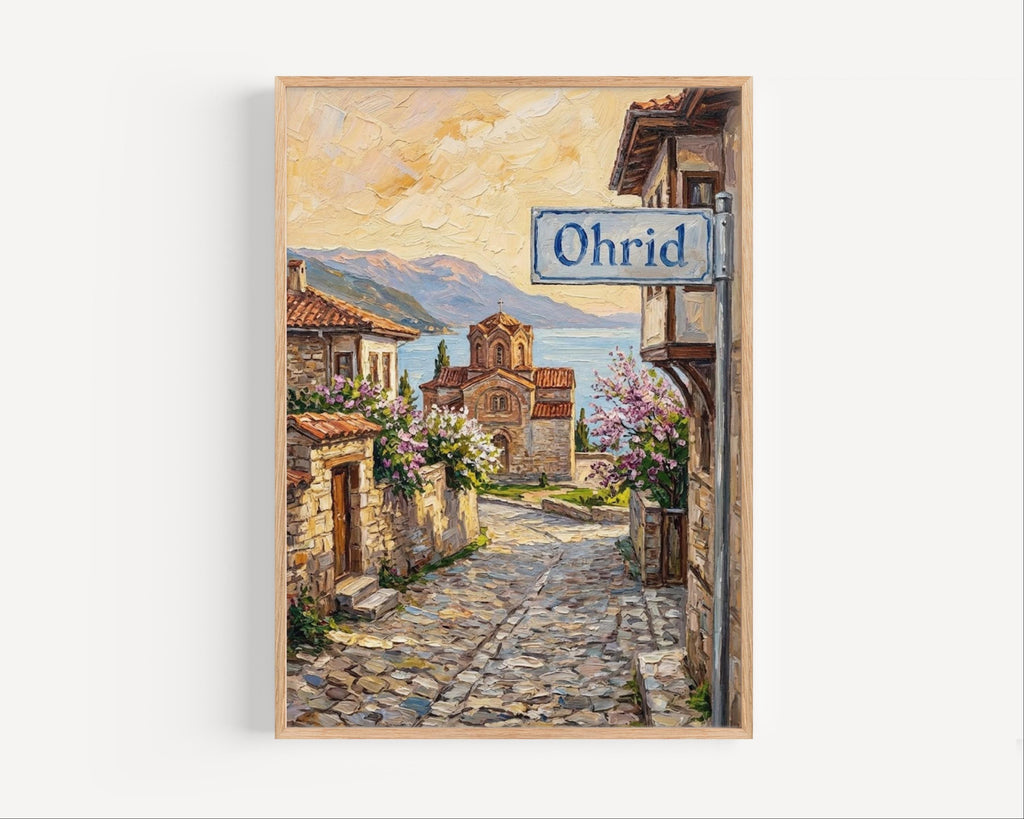 Ohrid Oil Painting Art Print: North Macedonia Lakeside Street Sign Travel Poster