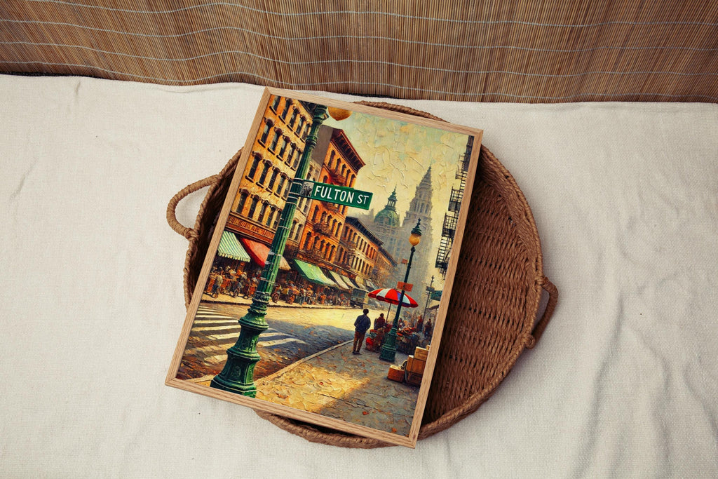 Fulton Street Oil Painting Art Print: Lower Manhattan NYC Travel Poster