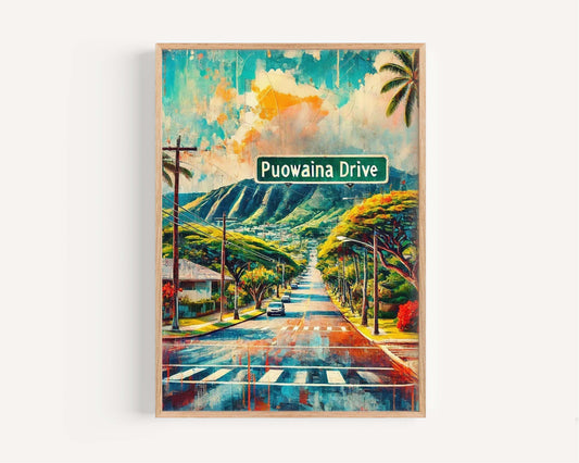 Puowaina Drive Print - Oahu Travel Poster, Hawaii Art, Honolulu Gift, Puowaina Drive Wall Art, Housewarming Gift, Tropical Home Decor