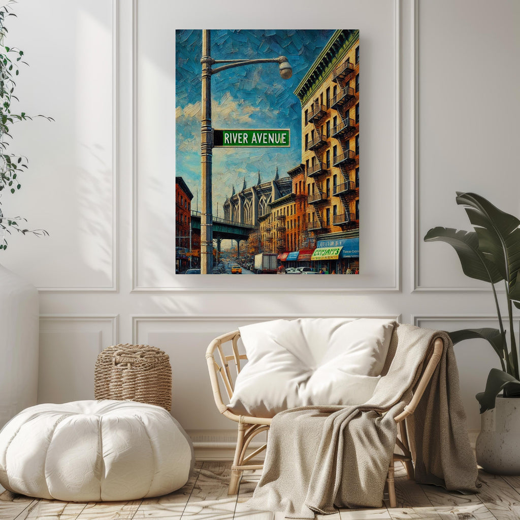 River Avenue Oil Painting Art Print: Bronx NYC Street Sign Travel Poster