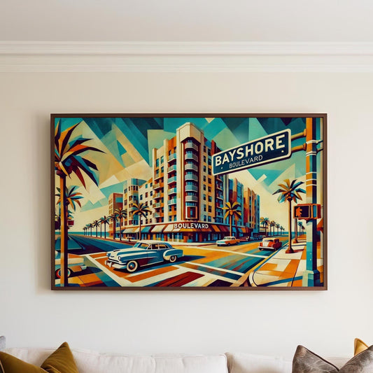Bayshore Wall Art Cubism Print - Tampa Travel Poster, Florida Gift & Housewarming Artwork, Bayshore Boulevard Decor