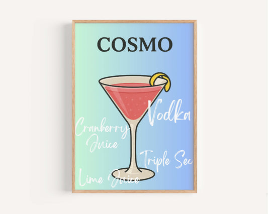 Cosmo Cocktail Print, Modern Bar Decor, Liquor Illustration (Digital Print)