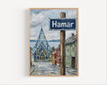Hamar Oil Painting Art Print: Norway Lakeside Street Sign Travel Poster