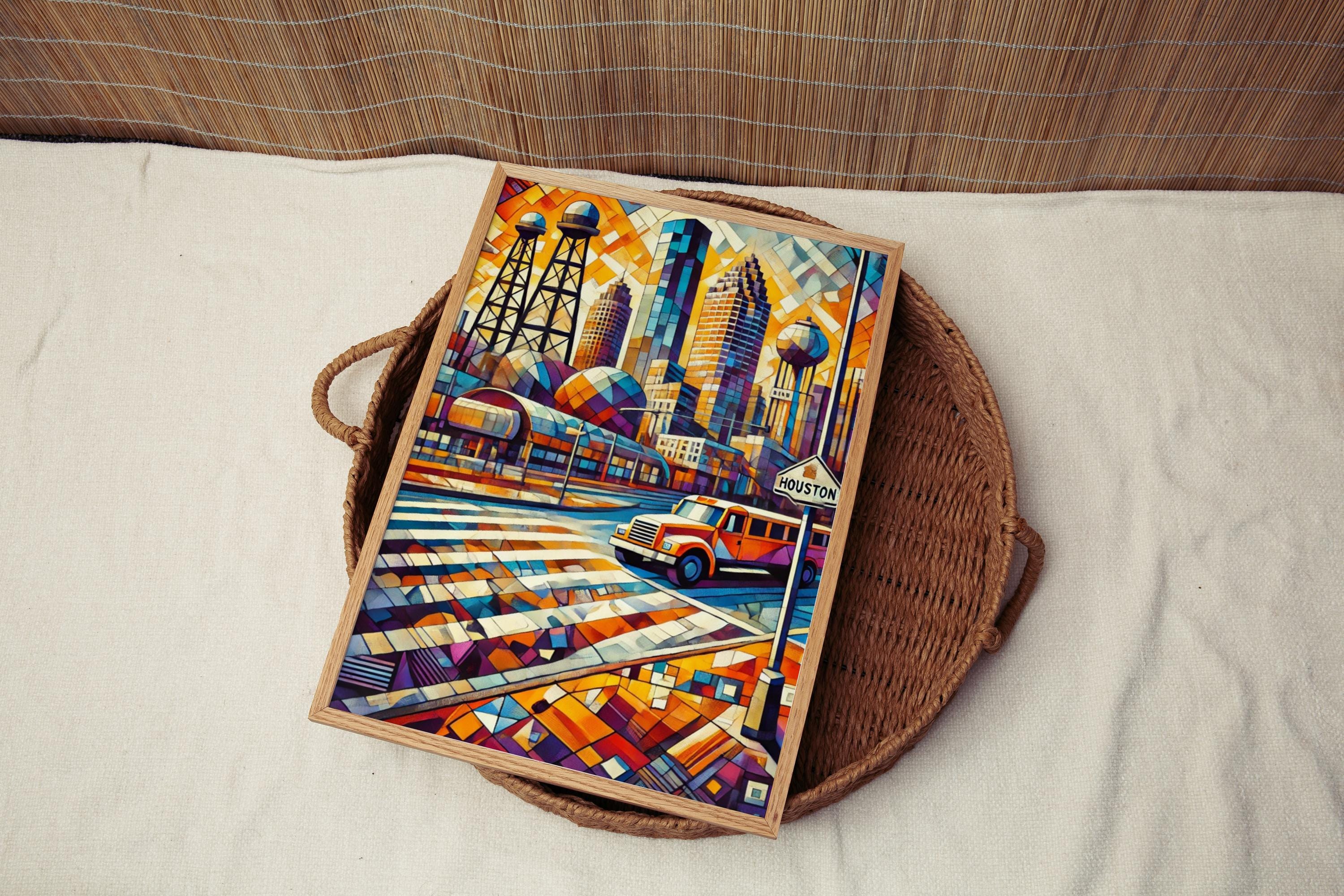 Houston Wall Art Print - Texas Travel Poster, USA Souvenir, Housewarming Gift, Houston Decor, Texas Map Art, City Skyline Illustration