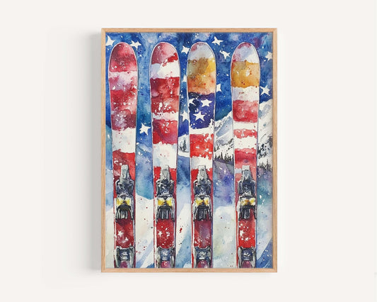 USA Skiing Wall Art Poster - Patriotic Winter Home Decor, American Independence & United States Flag Artwork
