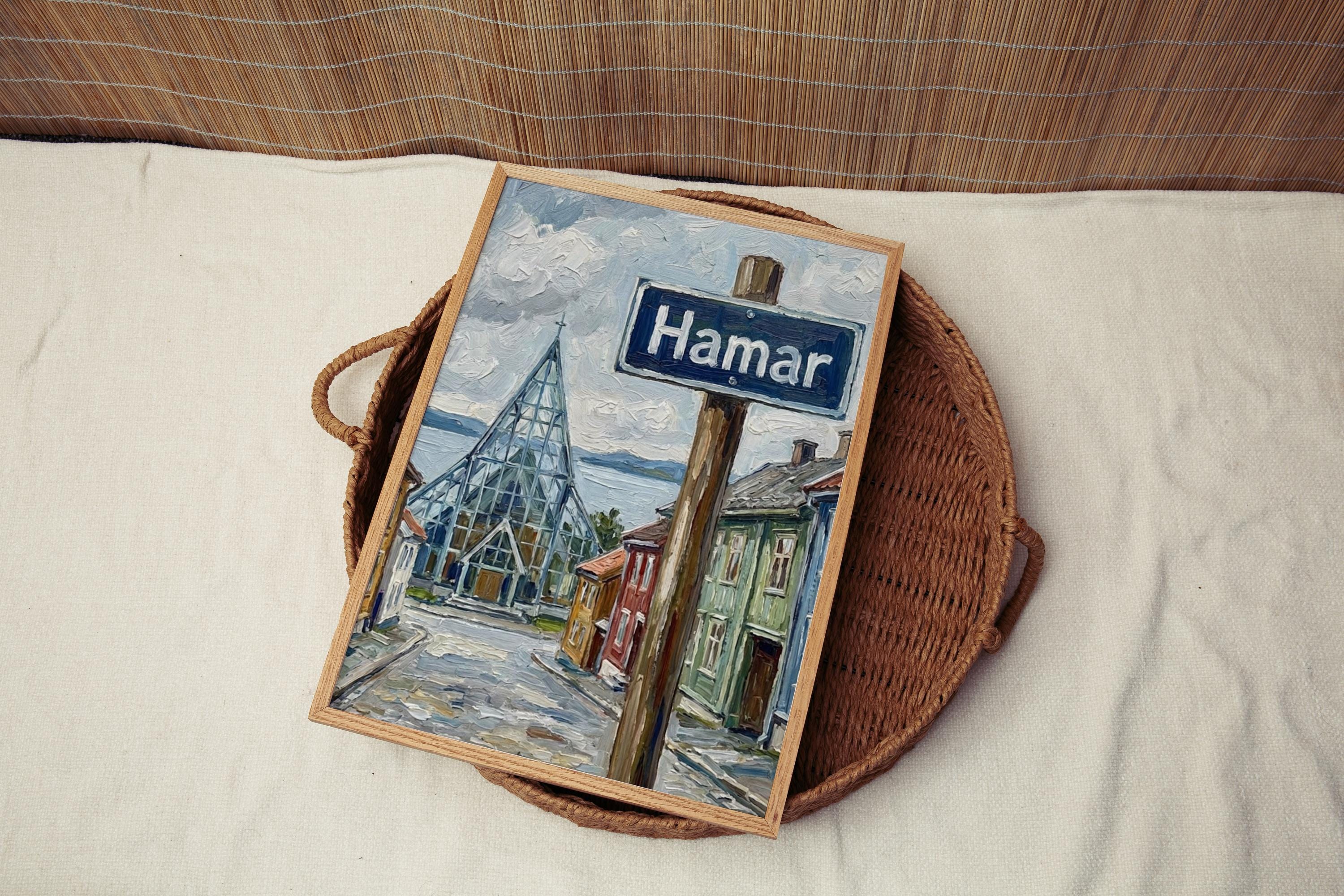 Hamar Oil Painting Art Print: Norway Lakeside Street Sign Travel Poster