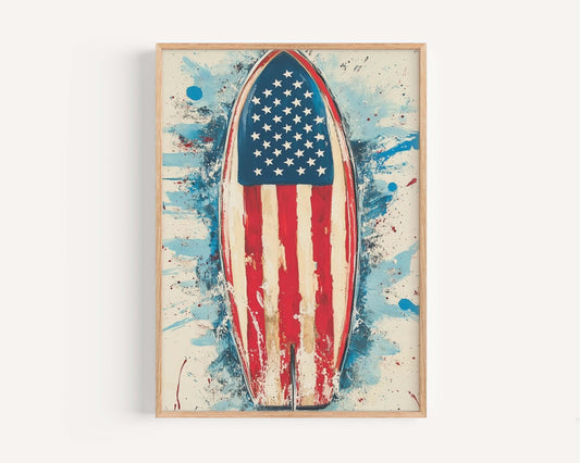 Surfing Artwork USA Wall Art Patriotic Beach House Decor Summer United States Poster Coastal Home Decoration