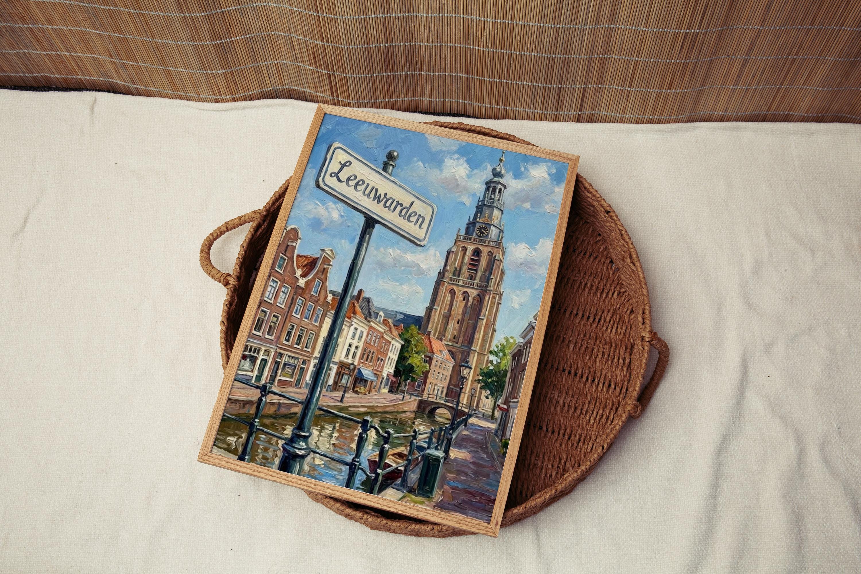 Leeuwarden Oil Painting Art Print: Netherlands Canal Street Sign Travel Poster