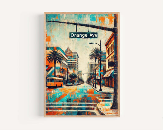 Orange Ave Print Orlando Wall Art, Florida Travel Poster, Vibrant Street Scene, Housewarming & Florida Gift, Modern Home Decor