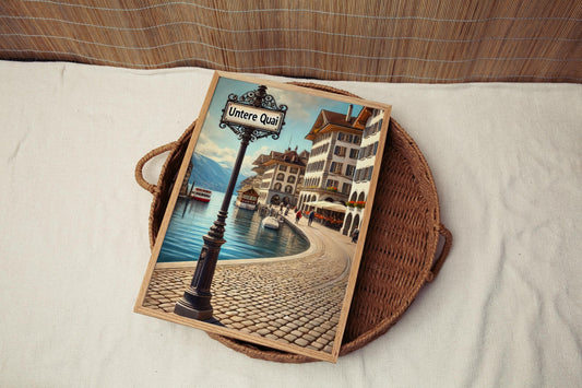 Untere Quai Wall Art Print - Thun Switzerland Travel Poster, Souvenir & Housewarming Gift, Swiss Lakeside Home Decor