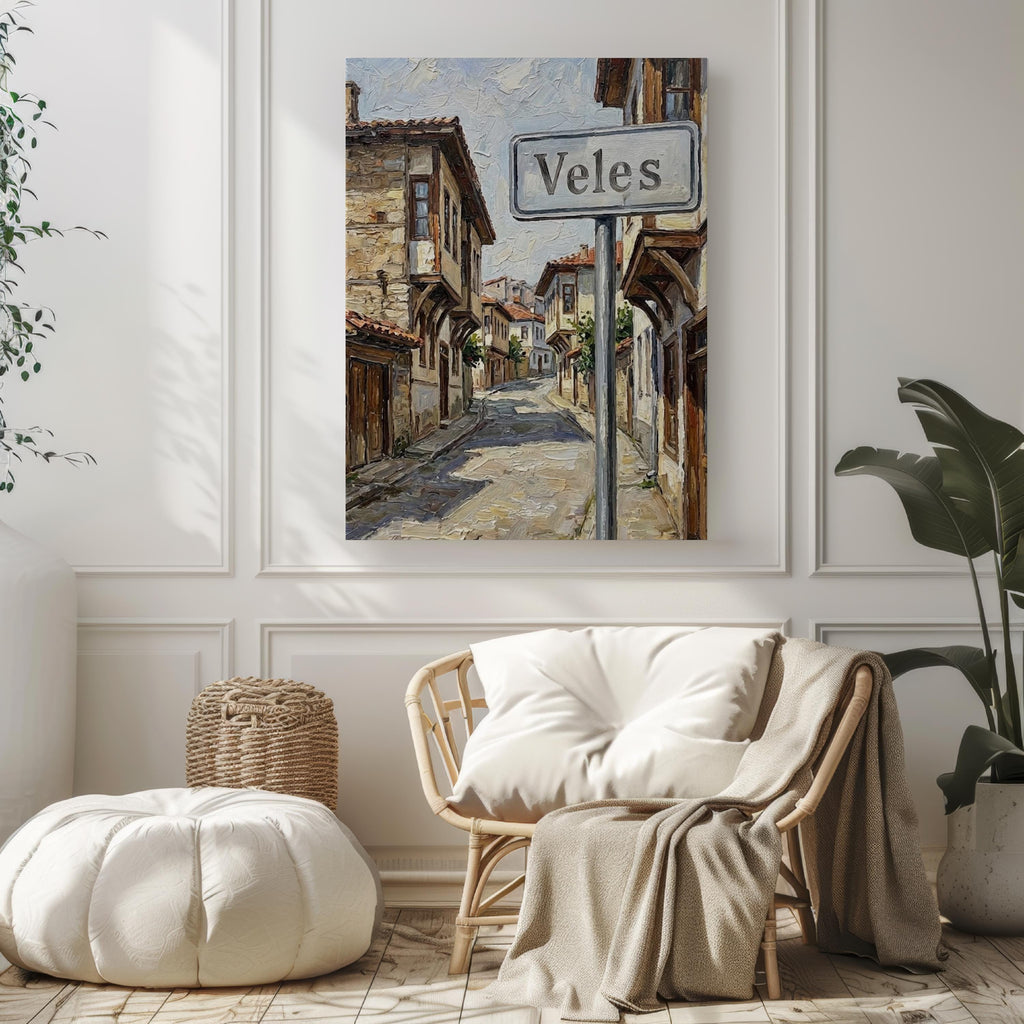 Veles Oil Painting Art Print: North Macedonia Street Sign Travel Poster