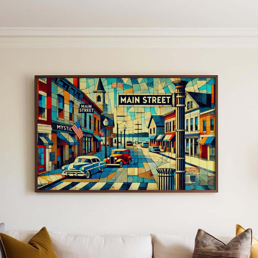 Main St Wall Art, Main Street Cubism Print, Mystic Cubism Art, Connecticut Gift, Travel Print, Travel Poster, Housewarming Gift Souvenir