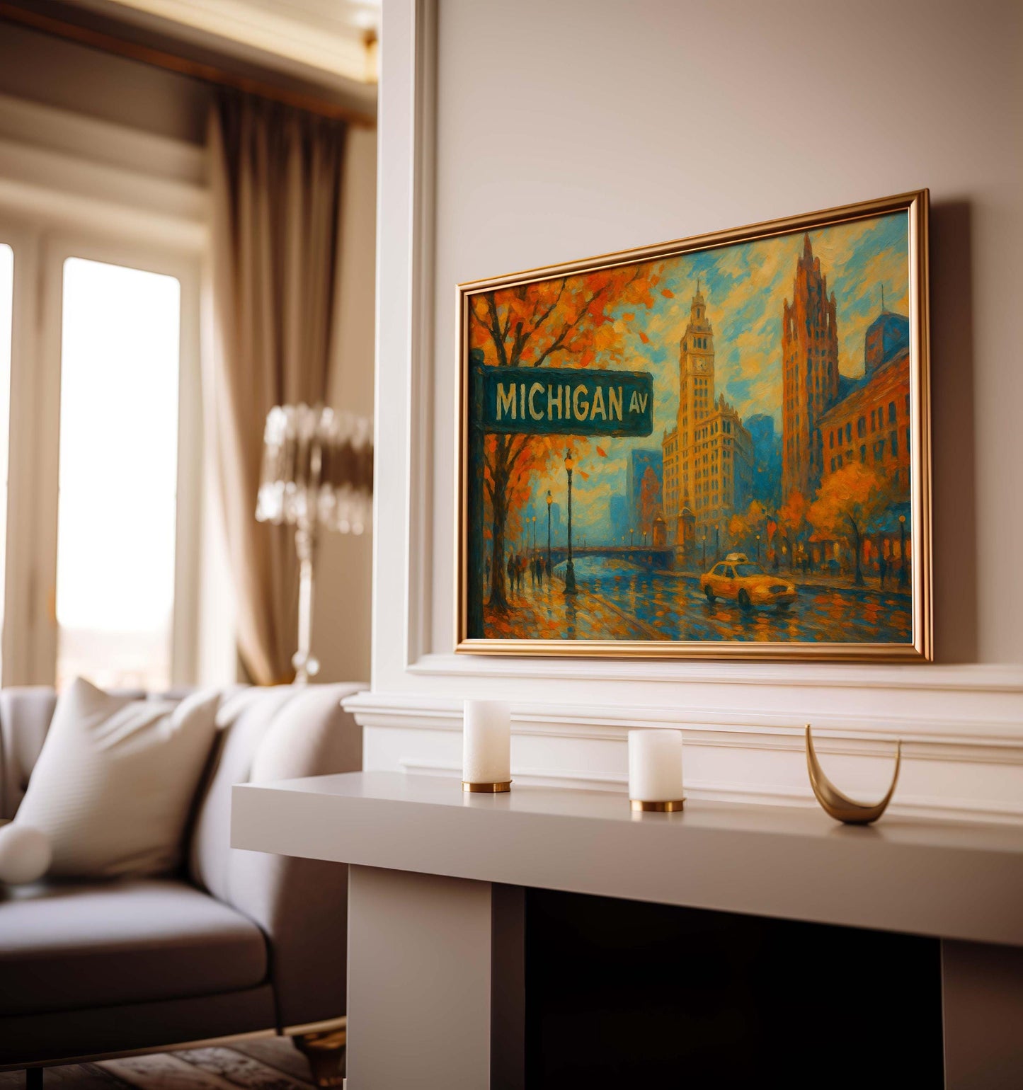 Michigan Avenue Fall Print – Chicago Cityscape Wall Art, Cozy Urban Autumn Street Scene