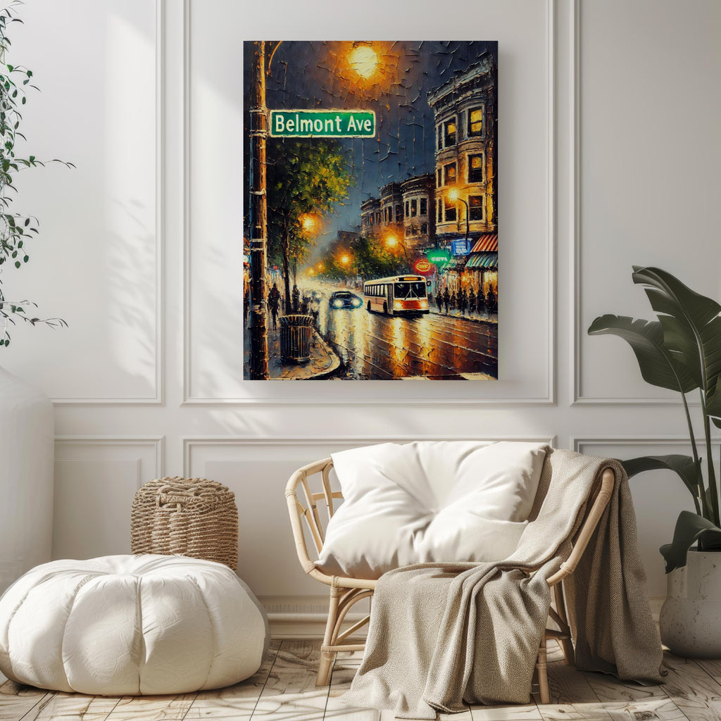 Belmont Ave Oil Painting Art Print: Chicago Street Sign Travel Poster