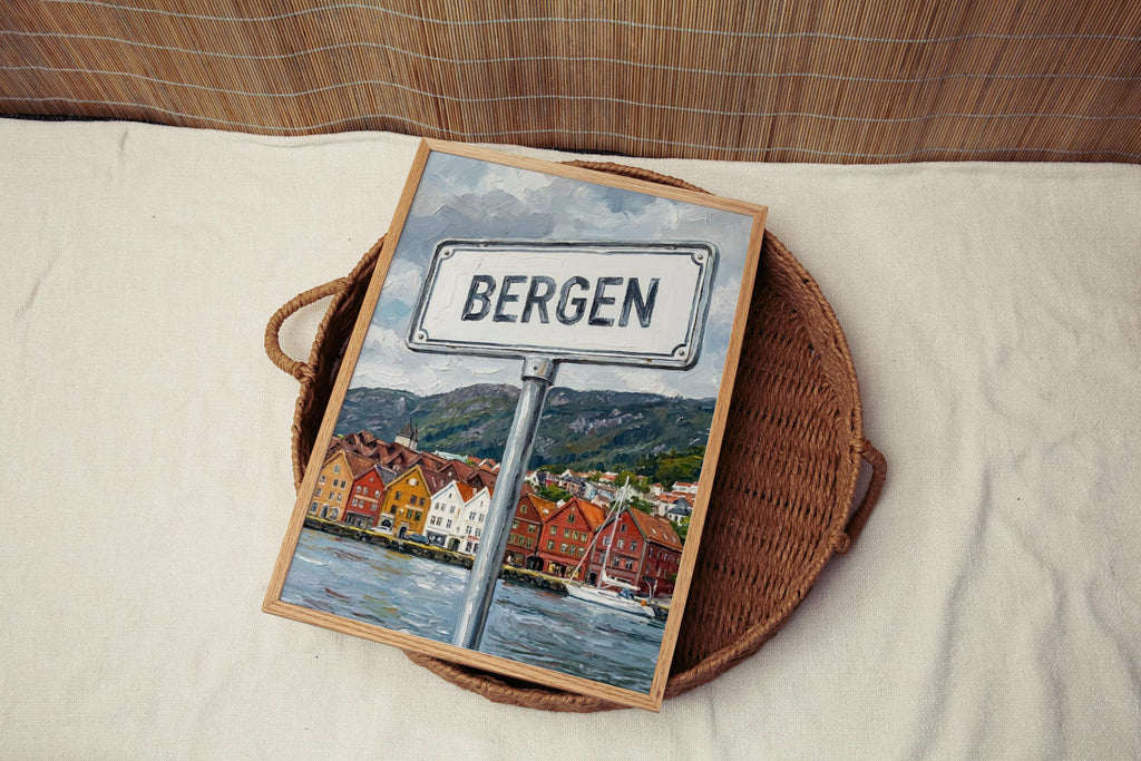Bergen Oil Painting Art Print: Norway Fjord Street Sign Travel Poster
