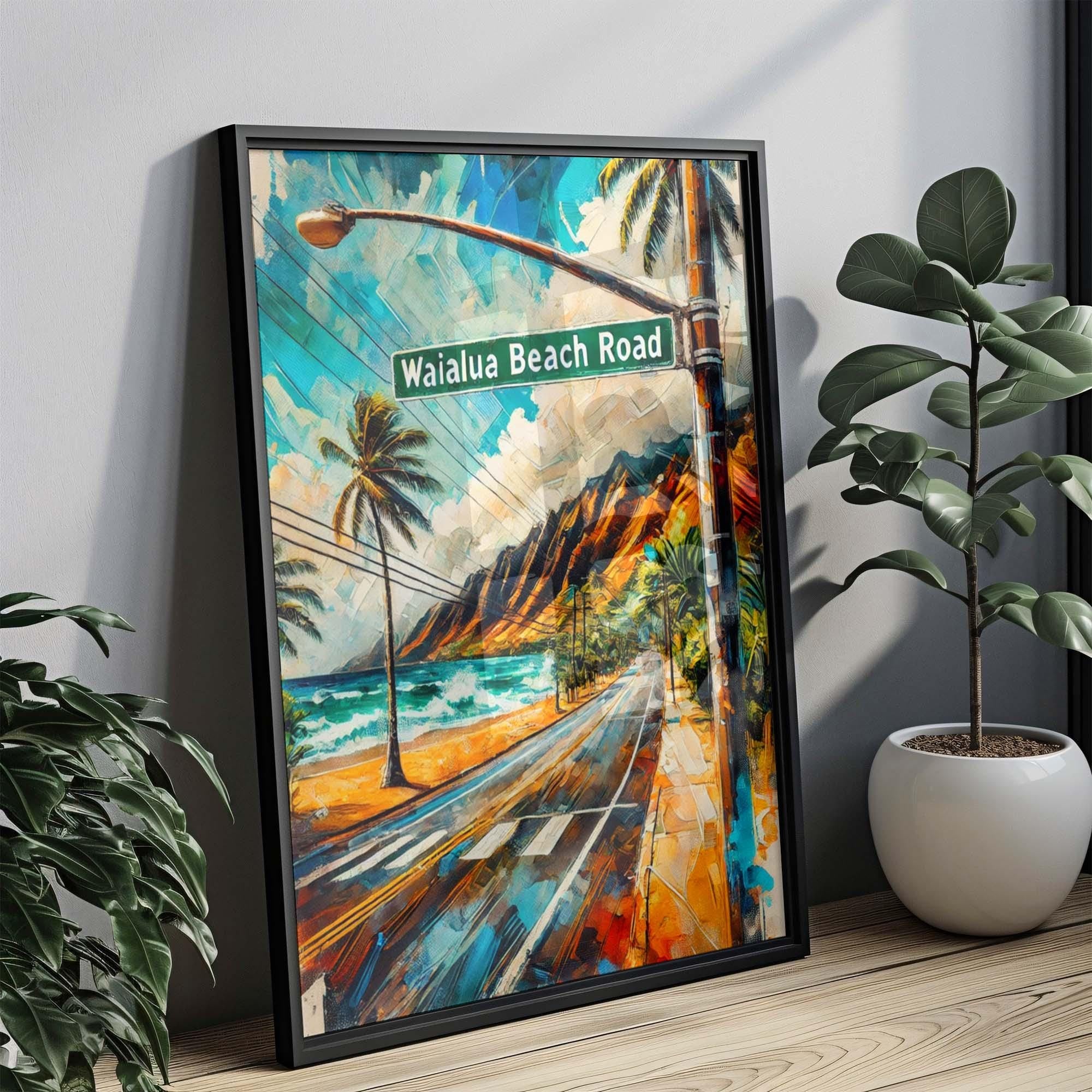 Waialua Beach Road Wall Art Print - Hawaii Travel Poster, Honolulu Gift, Housewarming Decor, Tropical Beach Road Illustration, Waialua Art