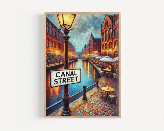 Manchester Canal St Wall Art Print - Travel Poster & England Gift, Manchester Cityscape, Housewarming Decor, UK Travel Art