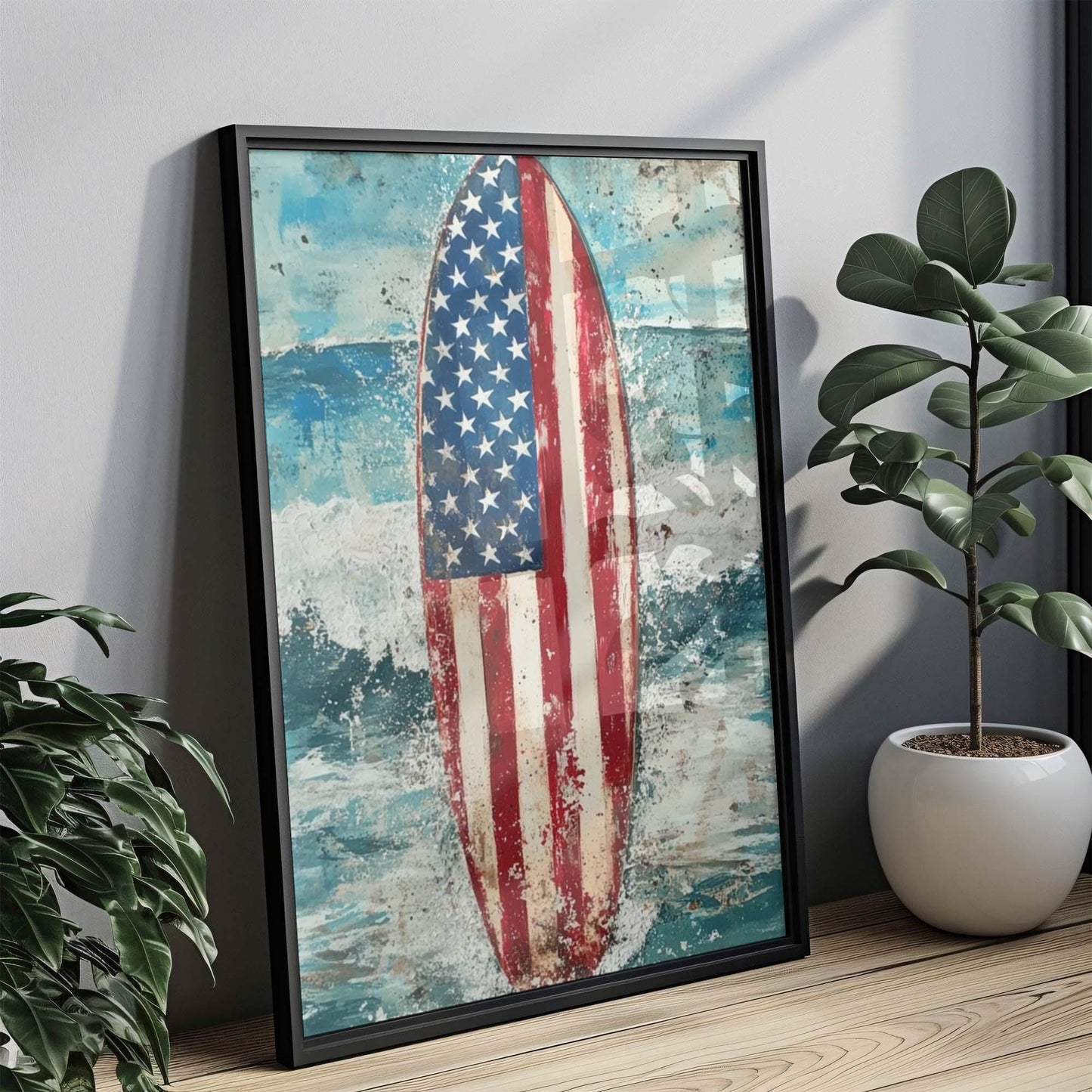 Surfing Artwork USA Wall Art Patriotic Poster Beach House Decor Summer Coastal Print United States Home Decor