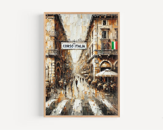 Milan print, Corso Italia street art, Italy travel souvenir, Italian city wall decor, urban landscape poster, modern home decor