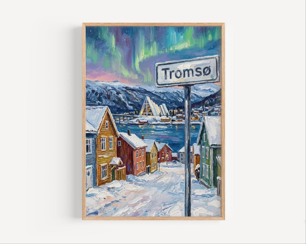 Tromsø Oil Painting Art Print: Norway Arctic Street Sign Travel Poster