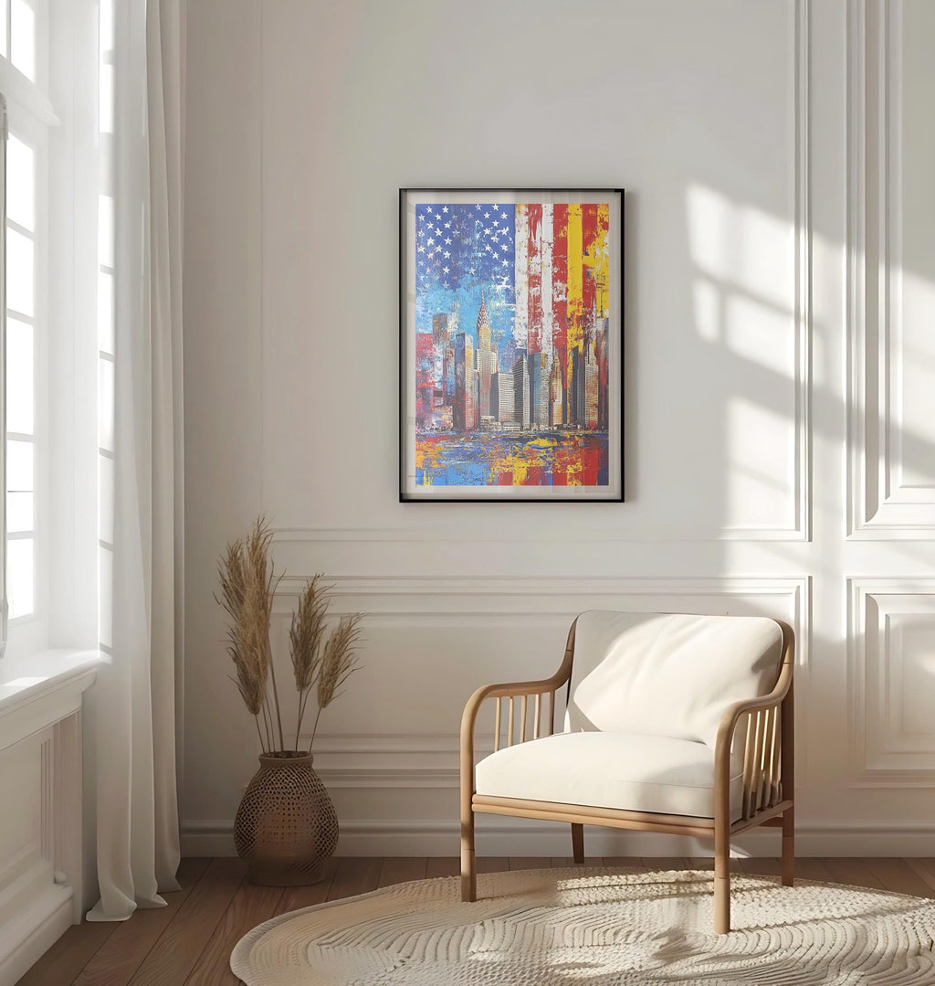New York Skyline Wall Art | Abstract USA Poster | Patriotic American Independence Decor | United States Cityscape Artwork for Home