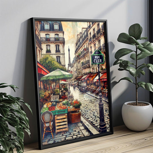 Paris Rue Cler Wall Art Print - French Travel Poster, Parisian Street Scene,