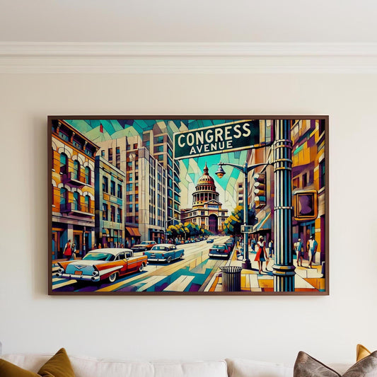 Congress Avenue Wall Art Cubism Print - Austin Texas Travel Poster, Housewarming Gift, Modern Geometric Decor