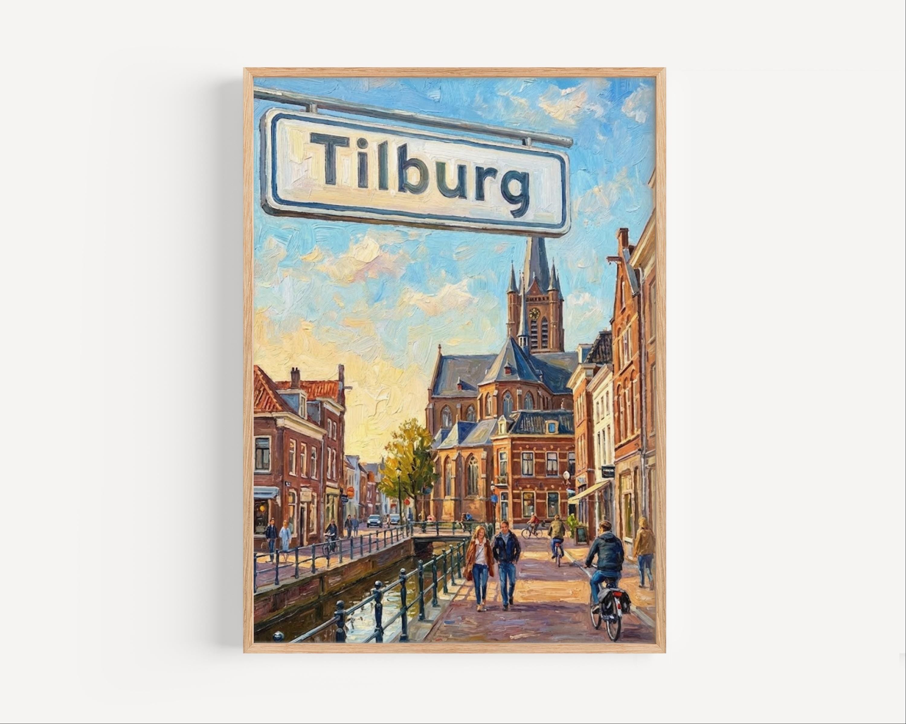 Tilburg Oil Painting Art Print: Netherlands Canal Street Sign Travel Poster