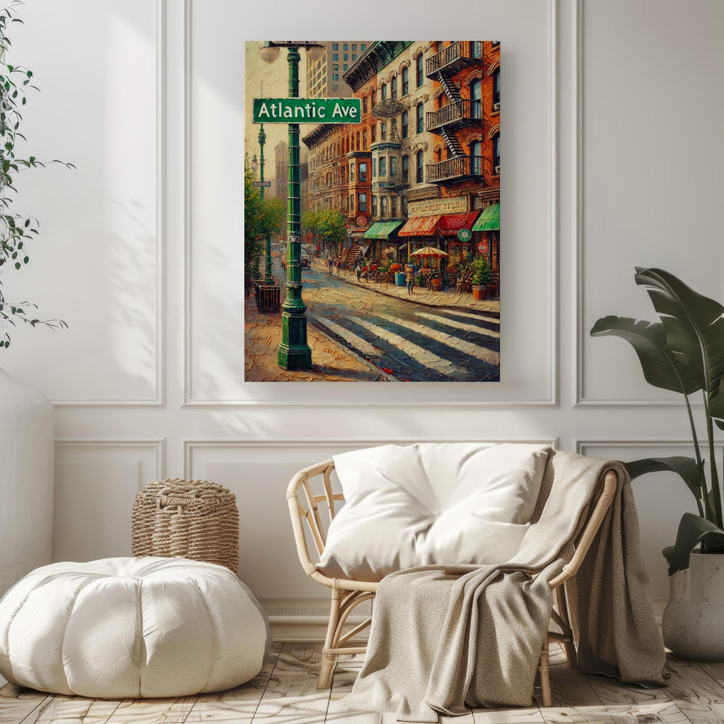 Atlantic Avenue Oil Painting Art Print: Brooklyn NYC Street Sign Travel Poster